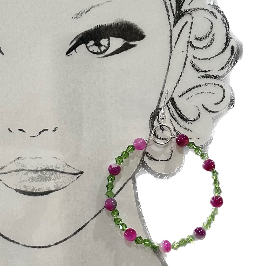 Fuchsia Quartz Beads And Green Crystals, 4 Mm 2.25 Mm Hoops Silver Plated